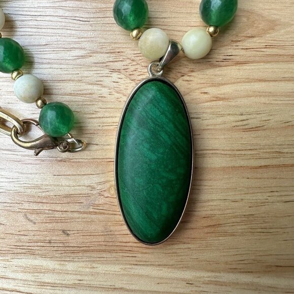 Vintage Green White Nephrite Jade Pendant Necklace‎ Gold Plated Beads Spacer 22" - Picture 8 of 8